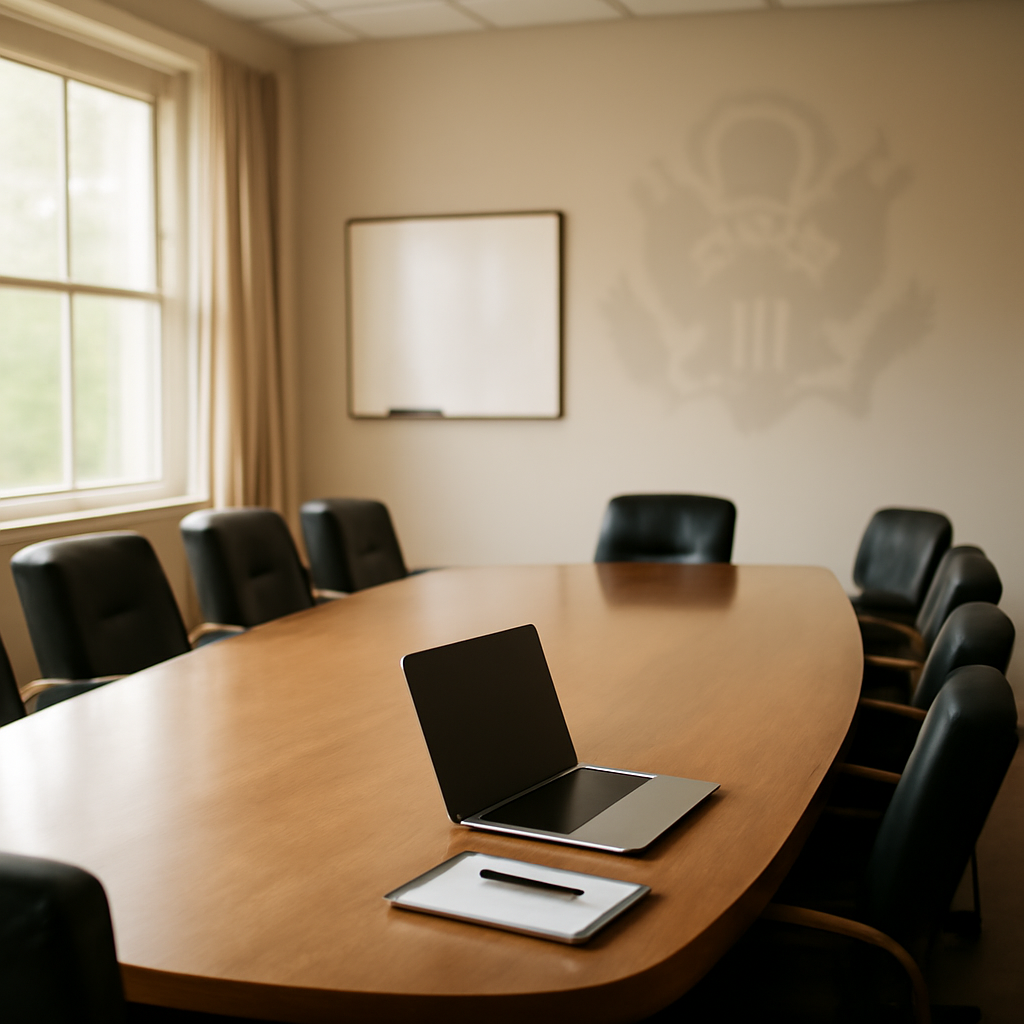 Government conference room with laptop, notepad, and blurred whiteboard in natural daylight.