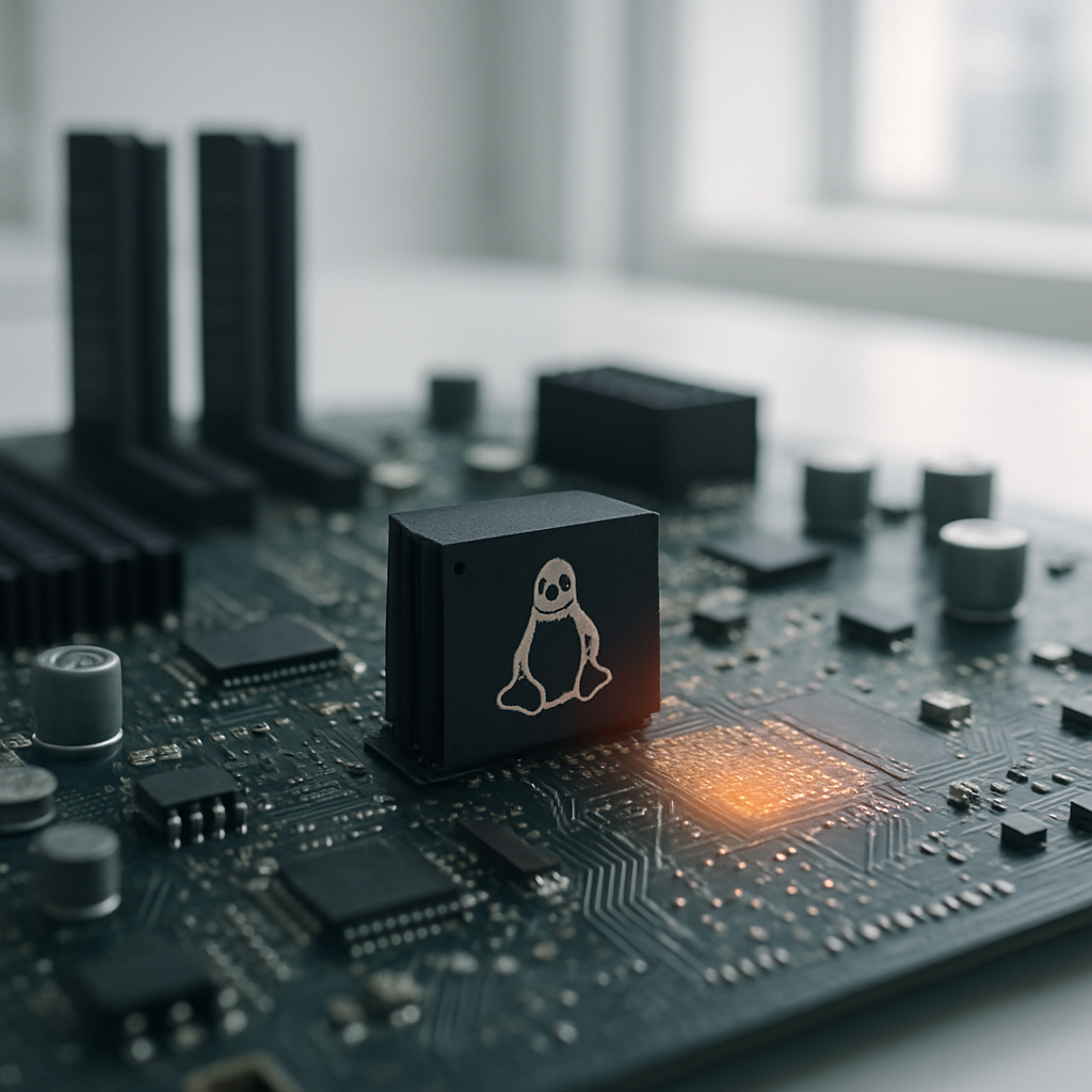 Close-up of Linux server circuit board with a faintly glowing area indicating a vulnerability.