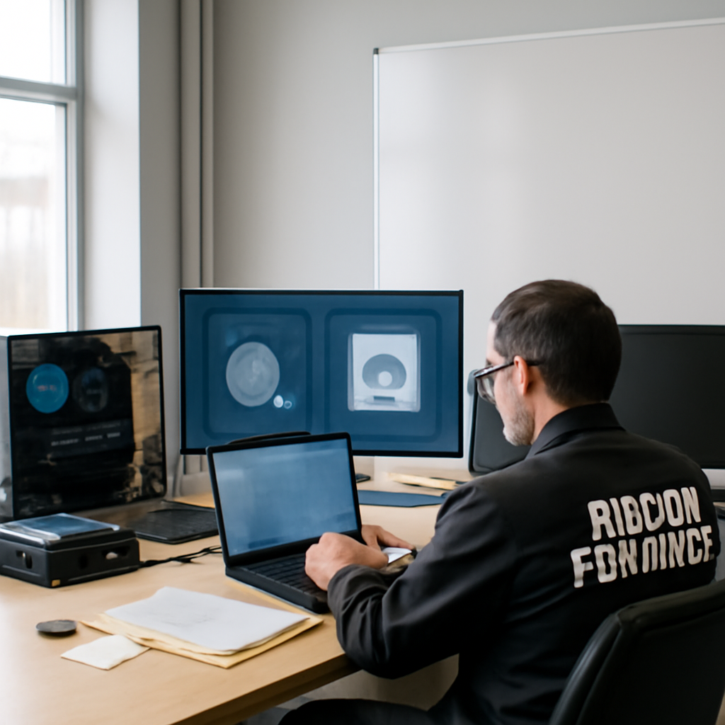 Forensic examiner analyzes digital evidence at a workstation in a laboratory setting.