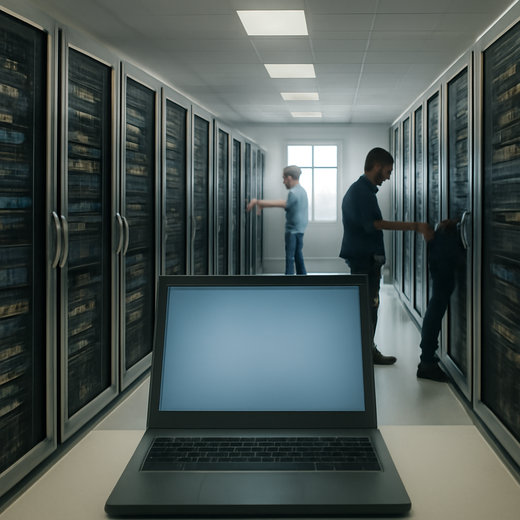 Server room interior with technicians in background and laptop screen in foreground.
