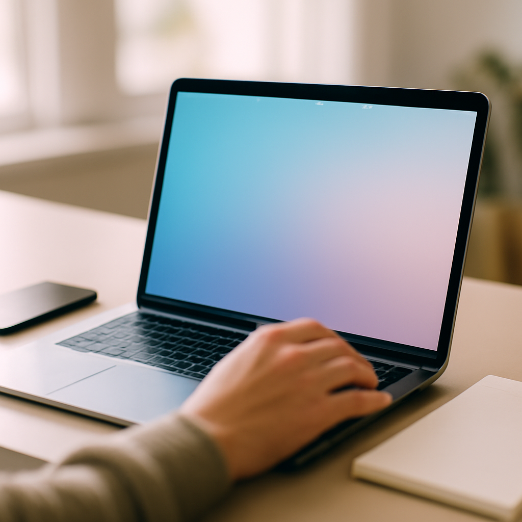 Laptop screen on a desk with a blurred background, surrounded by a smartphone and notebook.
