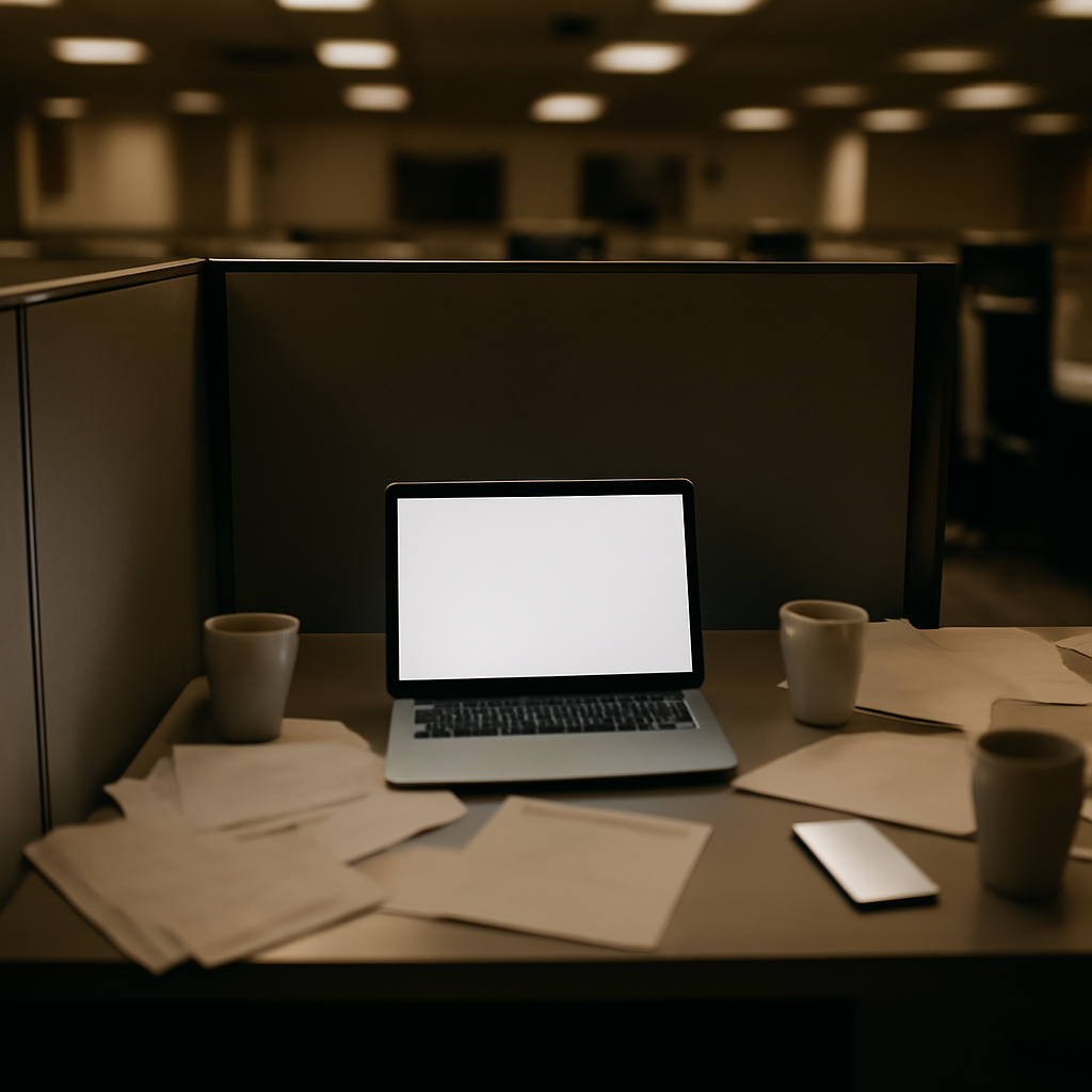 A cluttered office desk with laptop and smartphone sits in a dimly lit, neglected cubicle amidst rows of empty workstations.