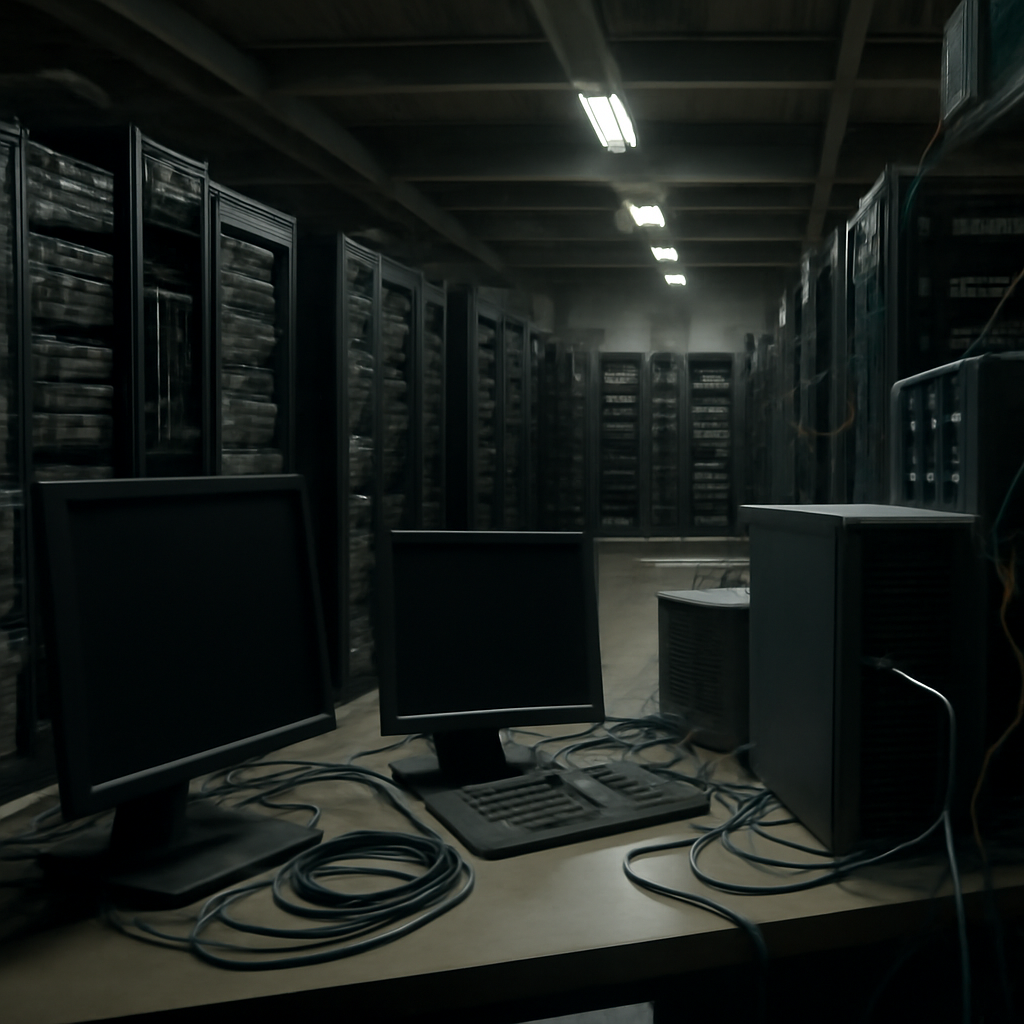Rows of computer servers and equipment racks in a dimly lit industrial server room.