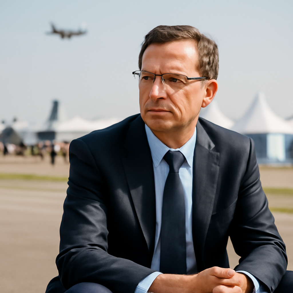 Middle-aged man in business attire sits outdoors with aircraft and airshow activity in the background.