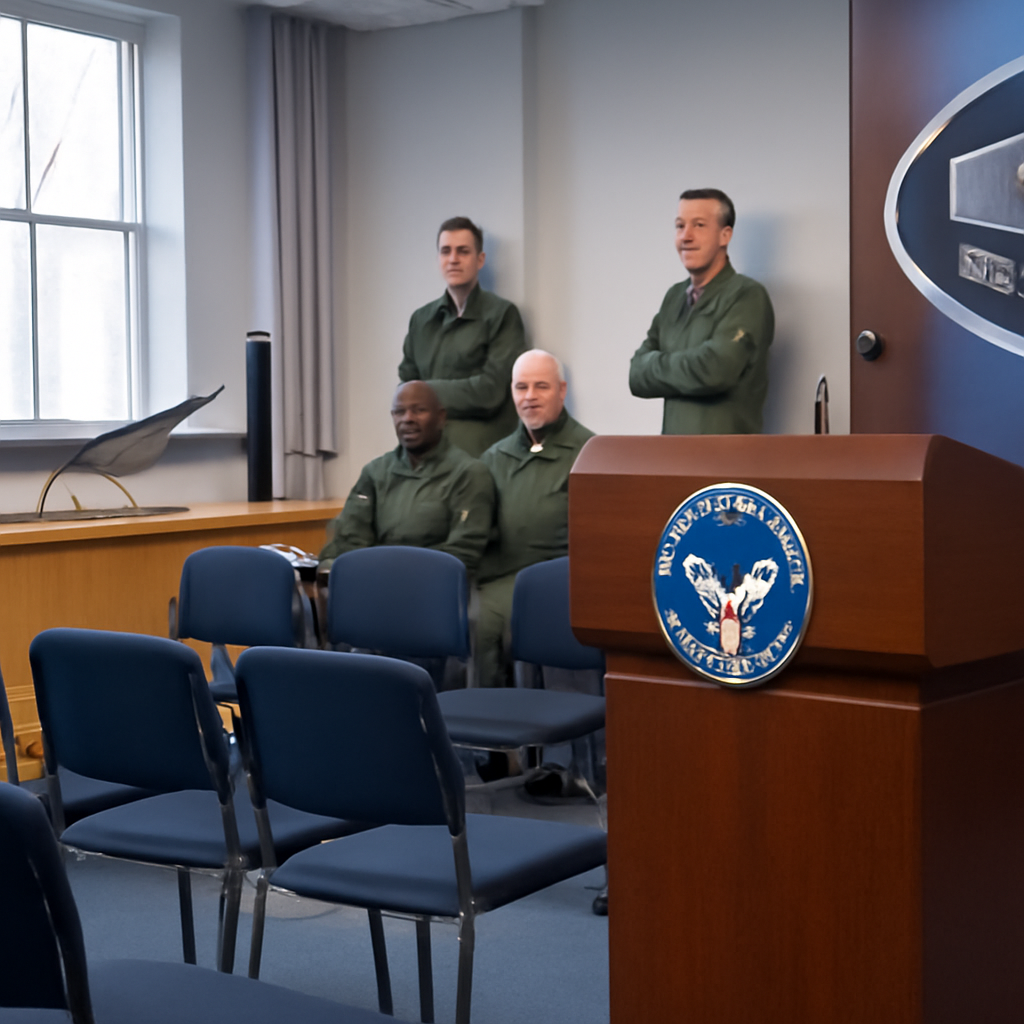 US Air Force briefing room with podium, chairs, and drone model on display.
