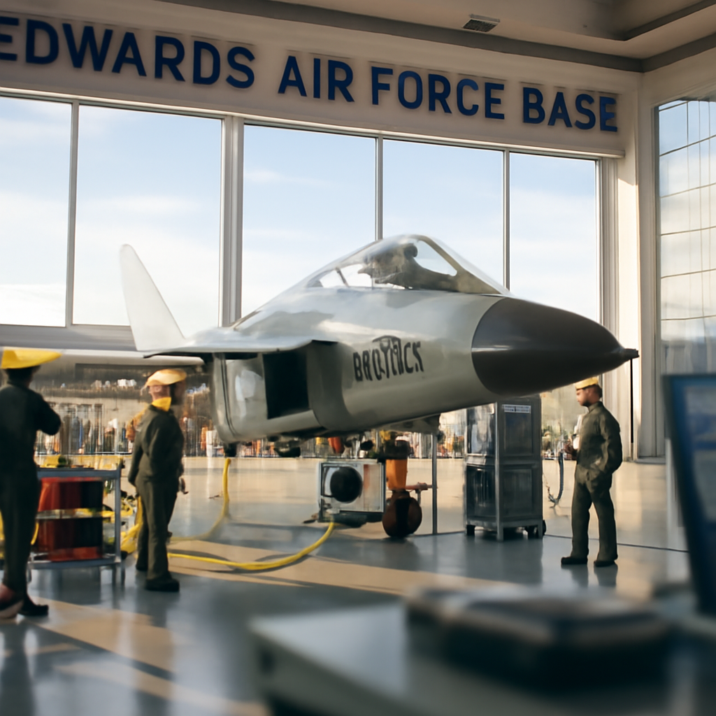 F-47 fighter jet under assembly at Edwards Air Force Base testing facility.