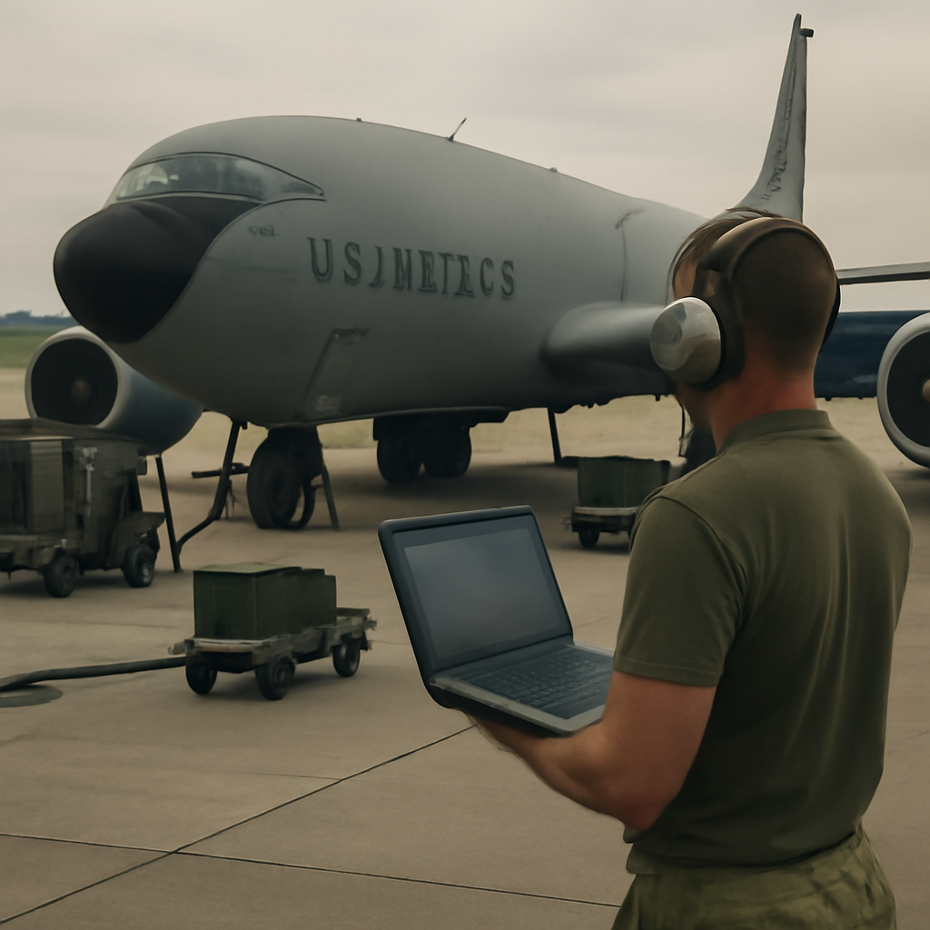 KC-135 tanker aircraft on a runway with crew chief and ground support equipment.