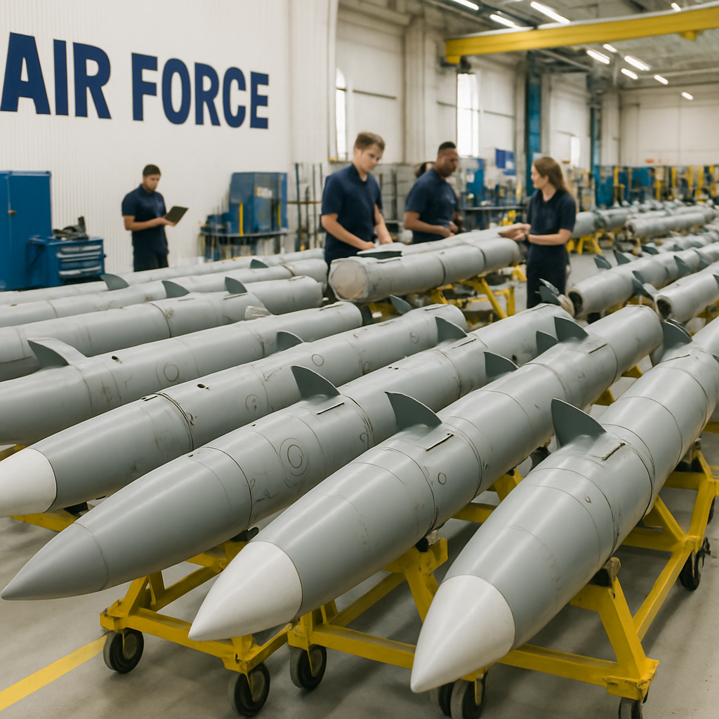 Air Force facility with missile canisters stacked high and workers in background.