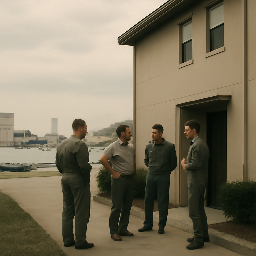 US Air Force personnel gather near a briefing room at a base or training facility.