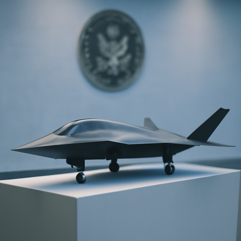 Futuristic aircraft design model on display table against soft gradient background.
