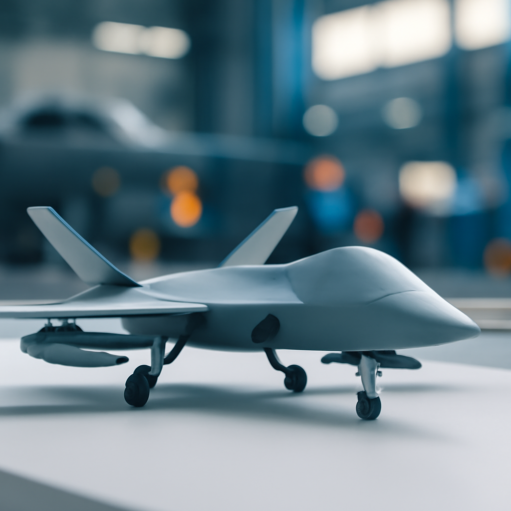 Drone model on laboratory bench with blurred military background.