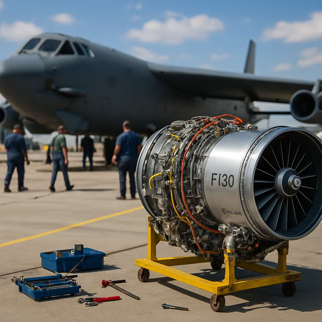 B-52 aircraft with new Rolls-Royce F130 engine, technicians in background.