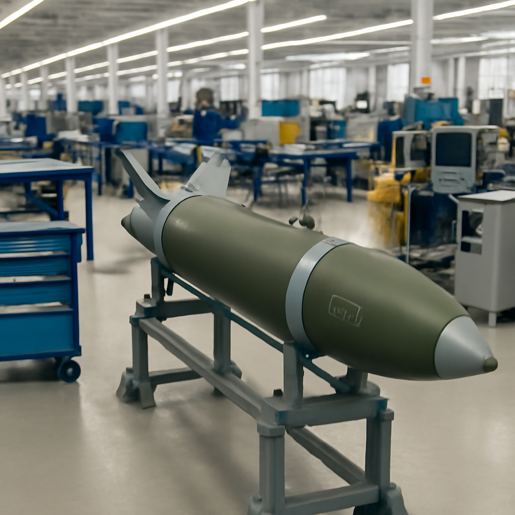 A large, partially-assembled JDAM munition sits on a workstation in a brightly-lit production facility.