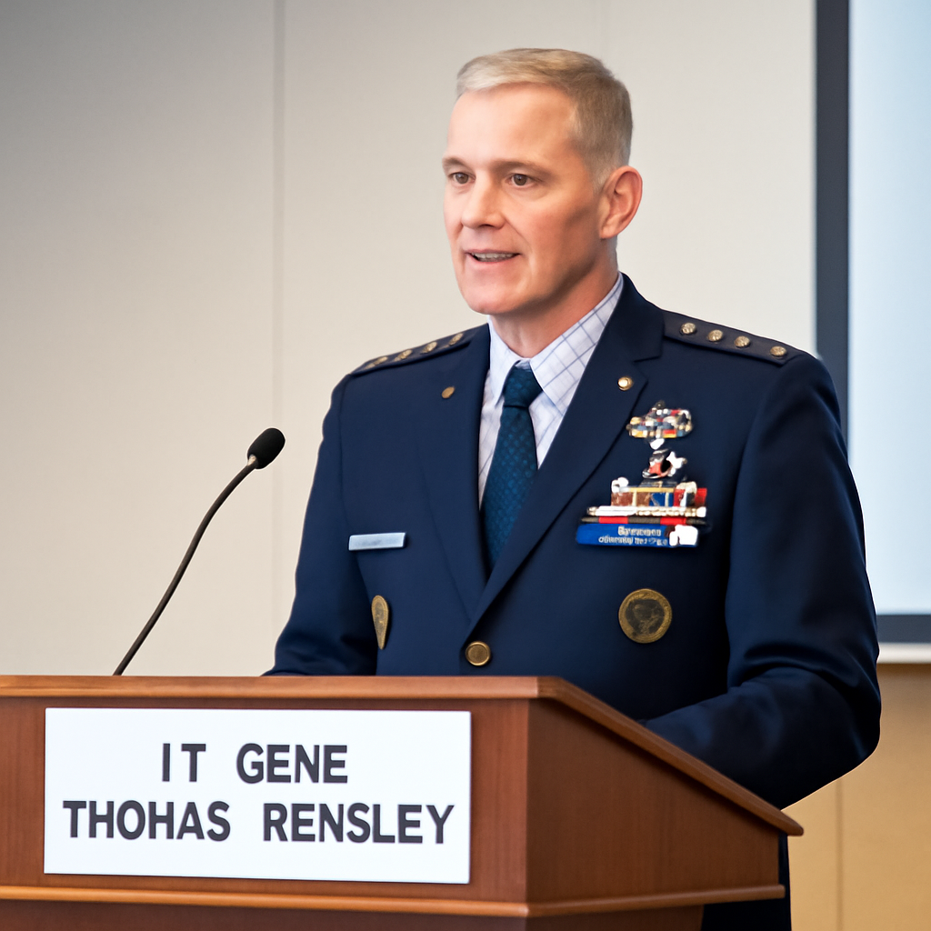 Lt. Gen. Thomas Hensley stands confidently at a podium in a well-lit conference room.