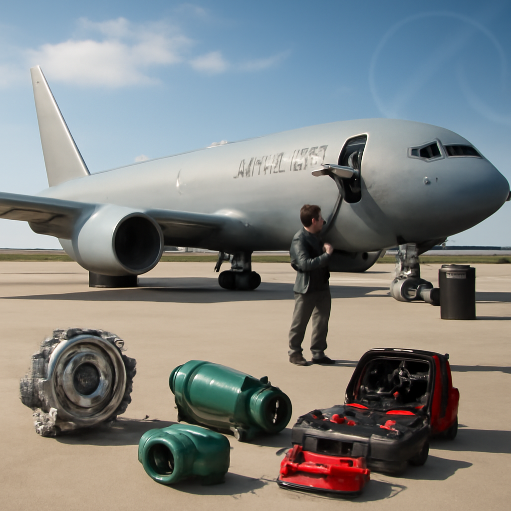 KC-46 Pegasus aerial refueling tanker on a runway with maintainer inspecting equipment.