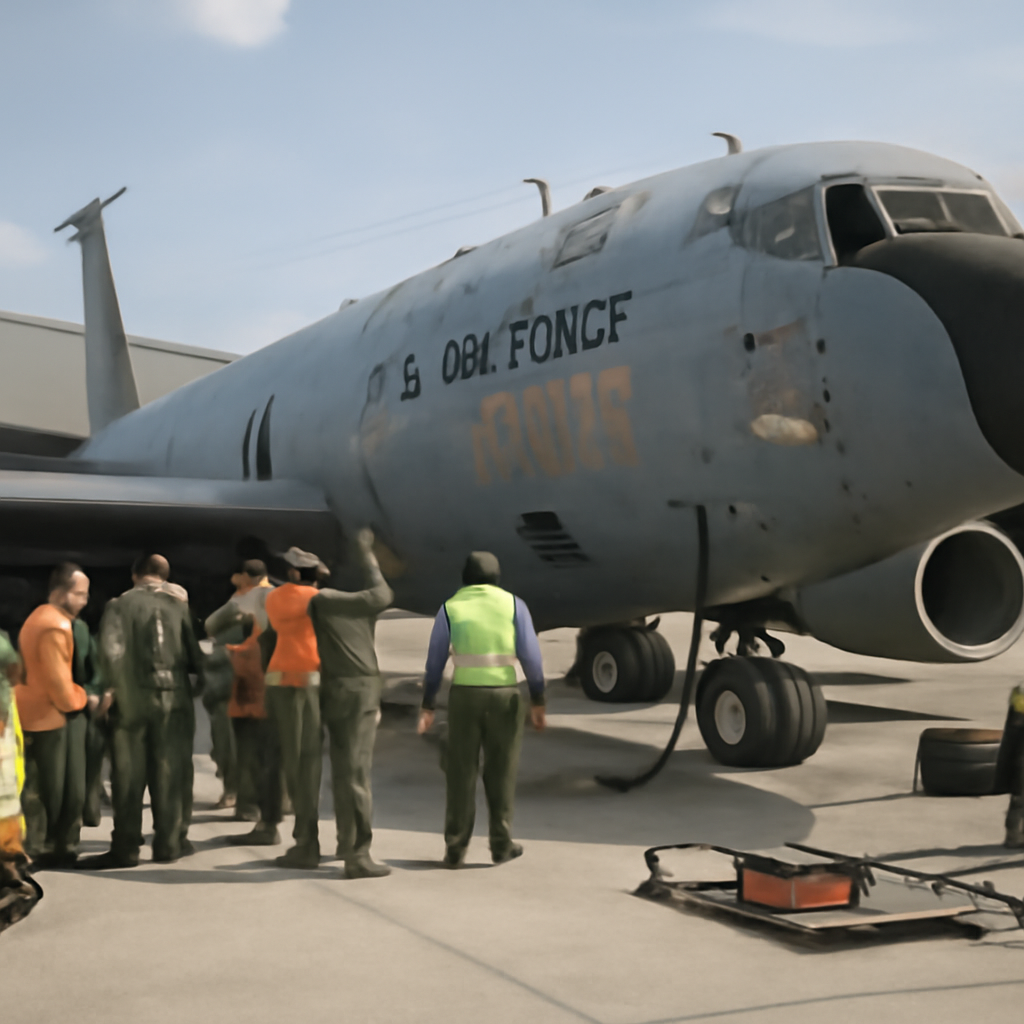 KC-135 aircraft with visible damage and personnel gathered around.