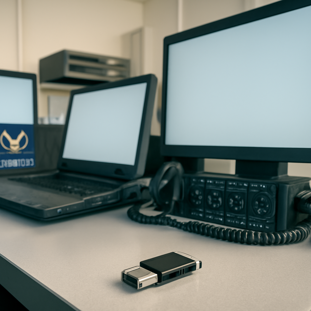Unsecured USB drive on a mission planning workstation with surrounding equipment and screens.