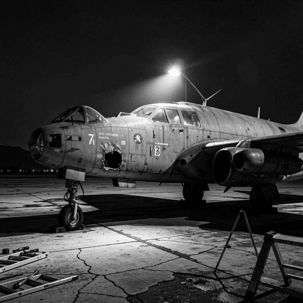 Weathered A-10 aircraft on a worn runway with battle scars and maintenance tools nearby.