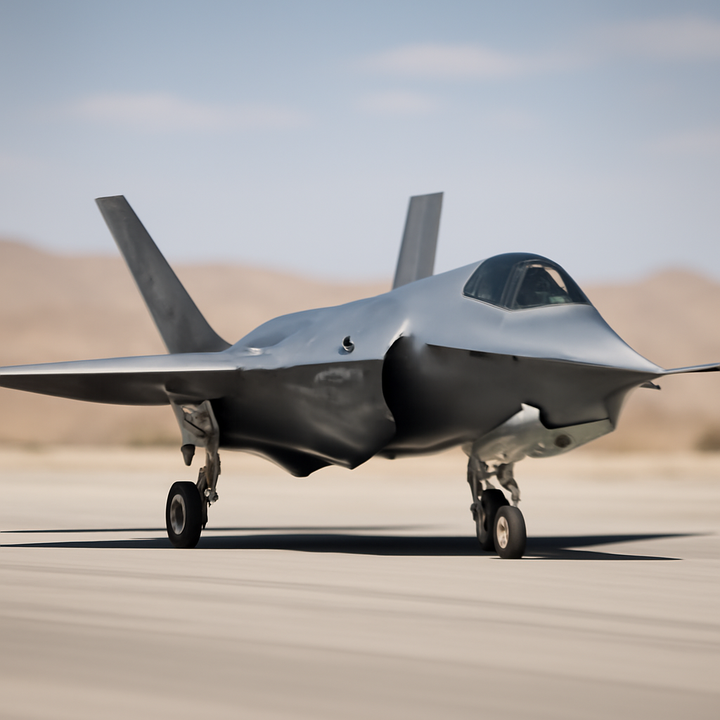 US Air Force F-35 or F-15 aircraft on a desert runway, centered and angled.