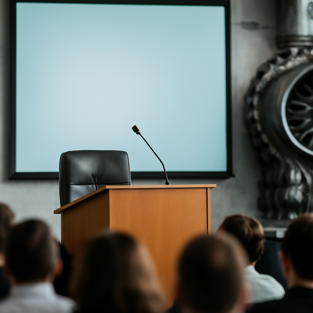 A speaker stands at a podium in a conference room with a blurred audience and subtle industrial elements in the background.