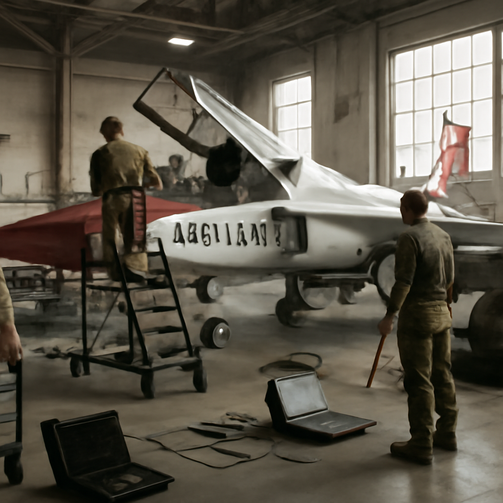 Air Force personnel work on a T-7 Red Hawk aircraft in a brightly-lit maintenance hangar.