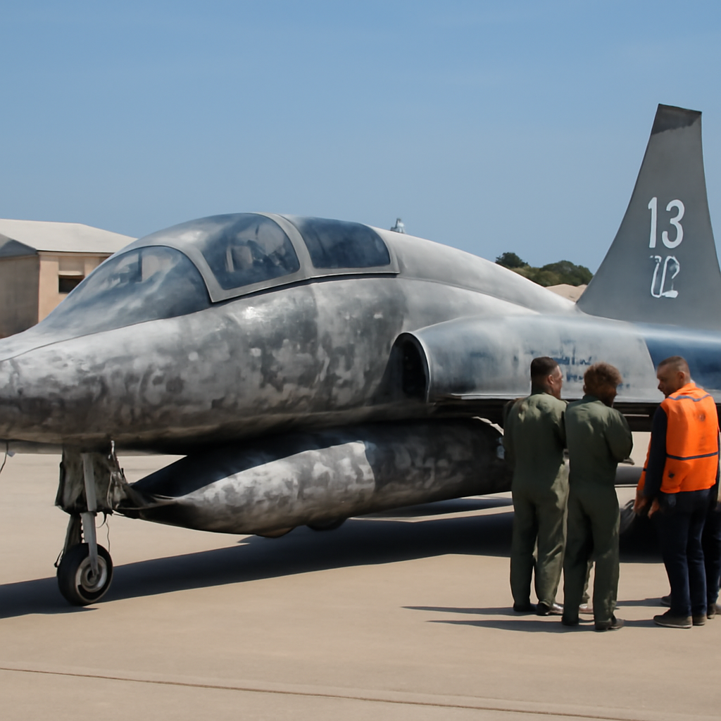 Damaged T-38 Talon aircraft sits on tarmac with investigators in background.
