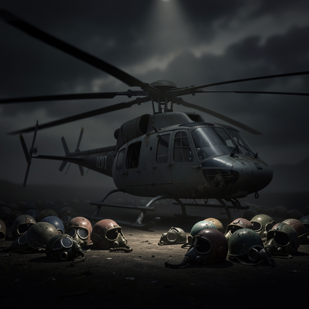 Grounded helicopter surrounded by worn flight gear under ominous, dark sky.