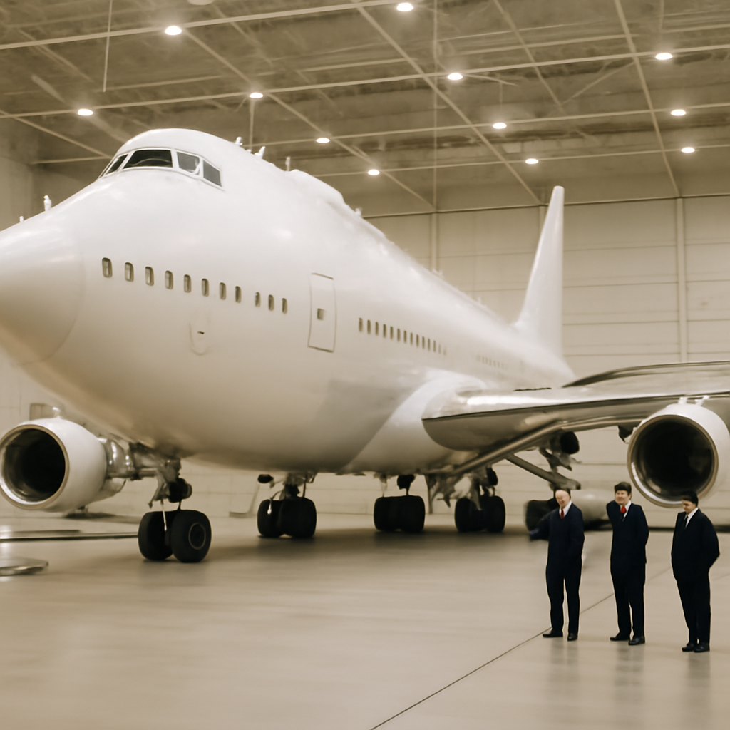 Modified 747-8i aircraft parked on tarmac with military personnel nearby at US Air Force base.