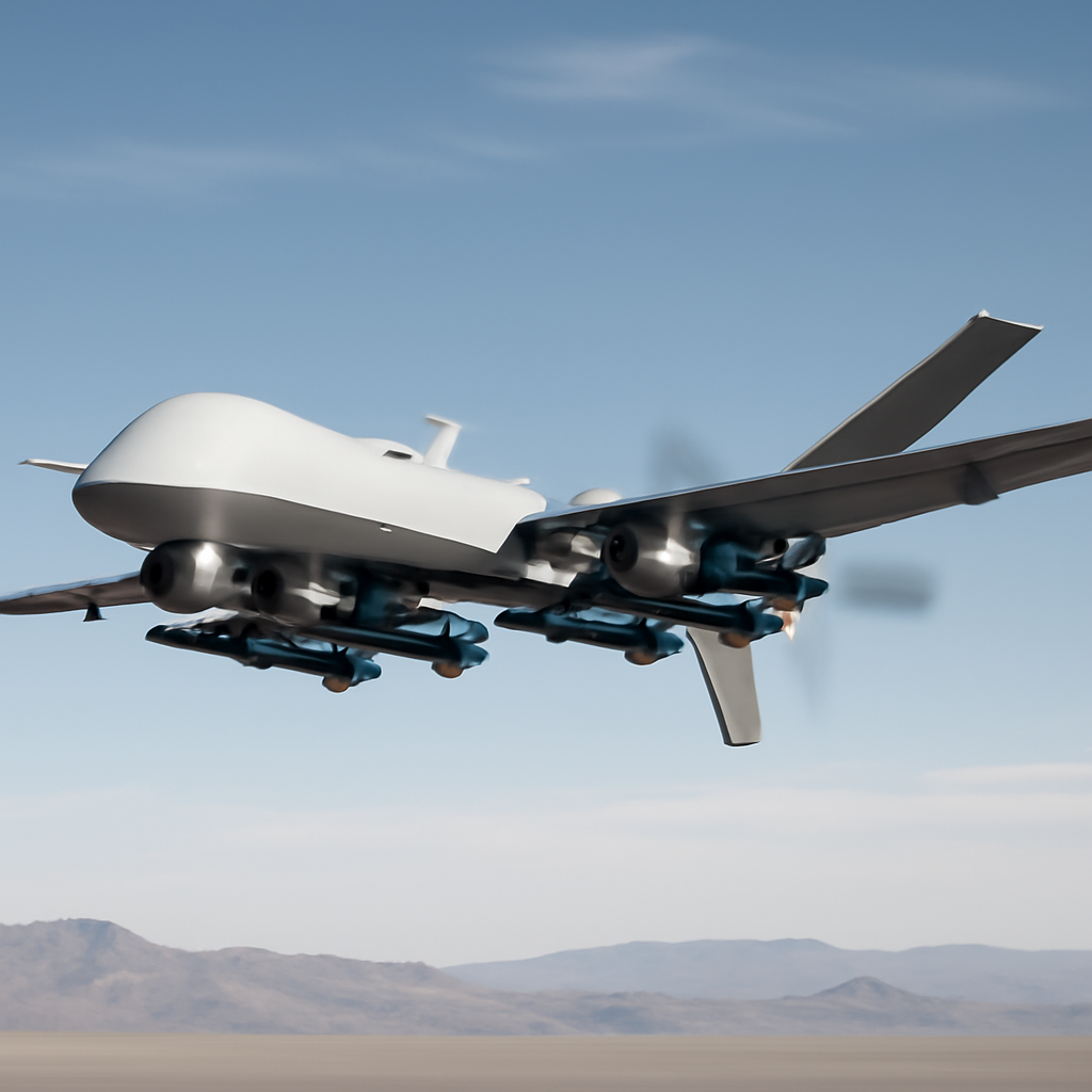MQ-9 Reaper drone in flight with missiles against a blue sky and desert landscape.