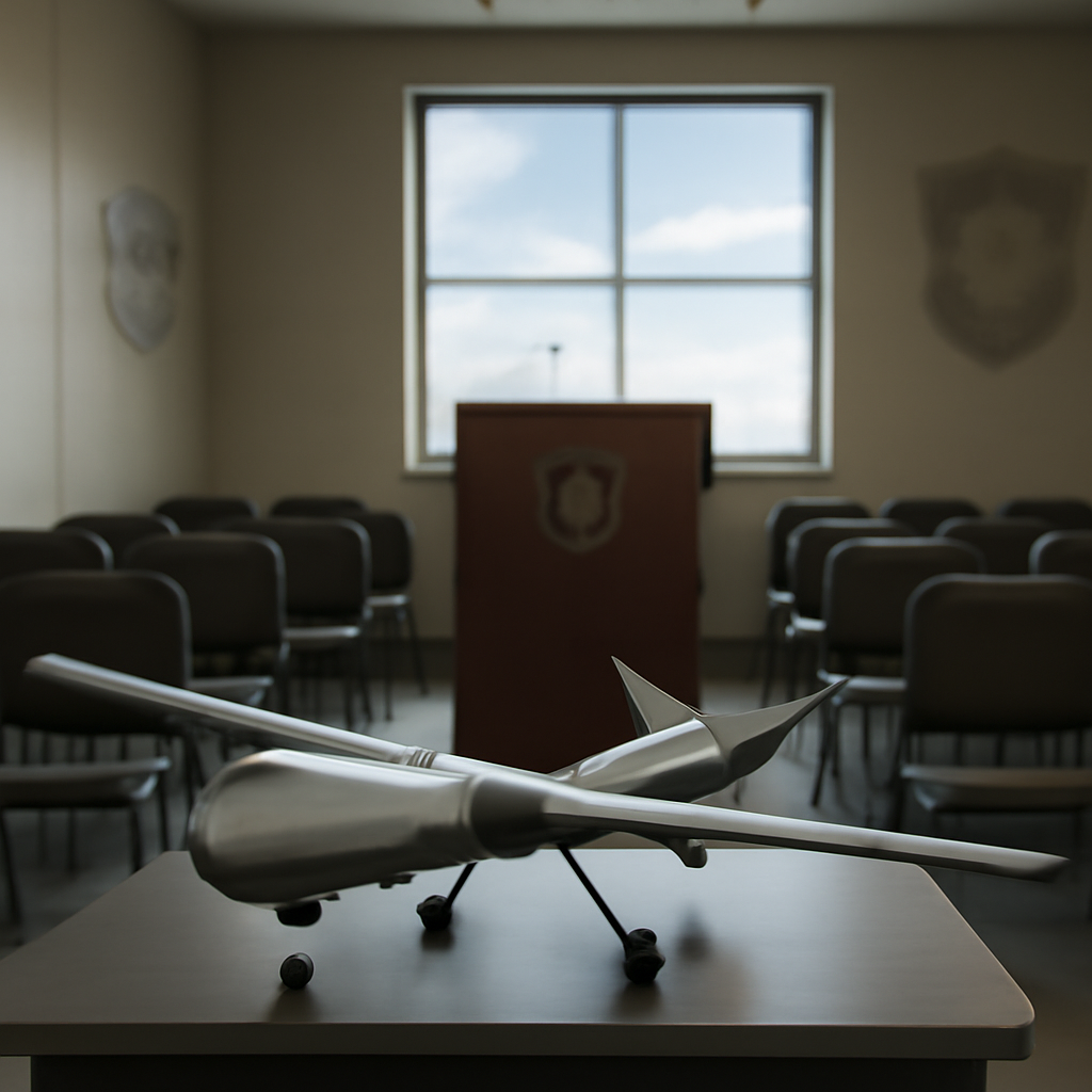 Military briefing room with podium, chairs, and UAV model on a table.