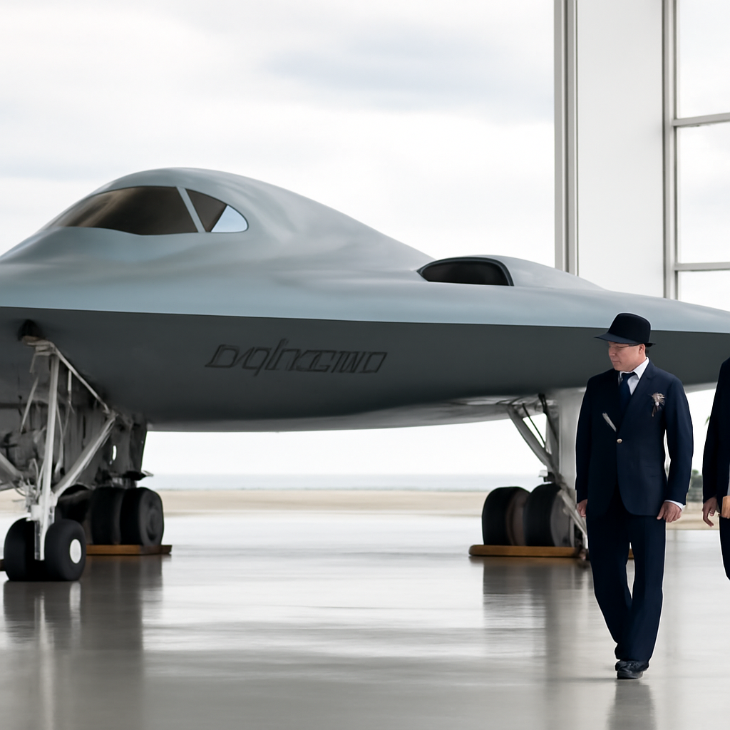 Two Air Force pilots in formal attire stand near a B-21 Raider bomber on a runway or in a hangar.