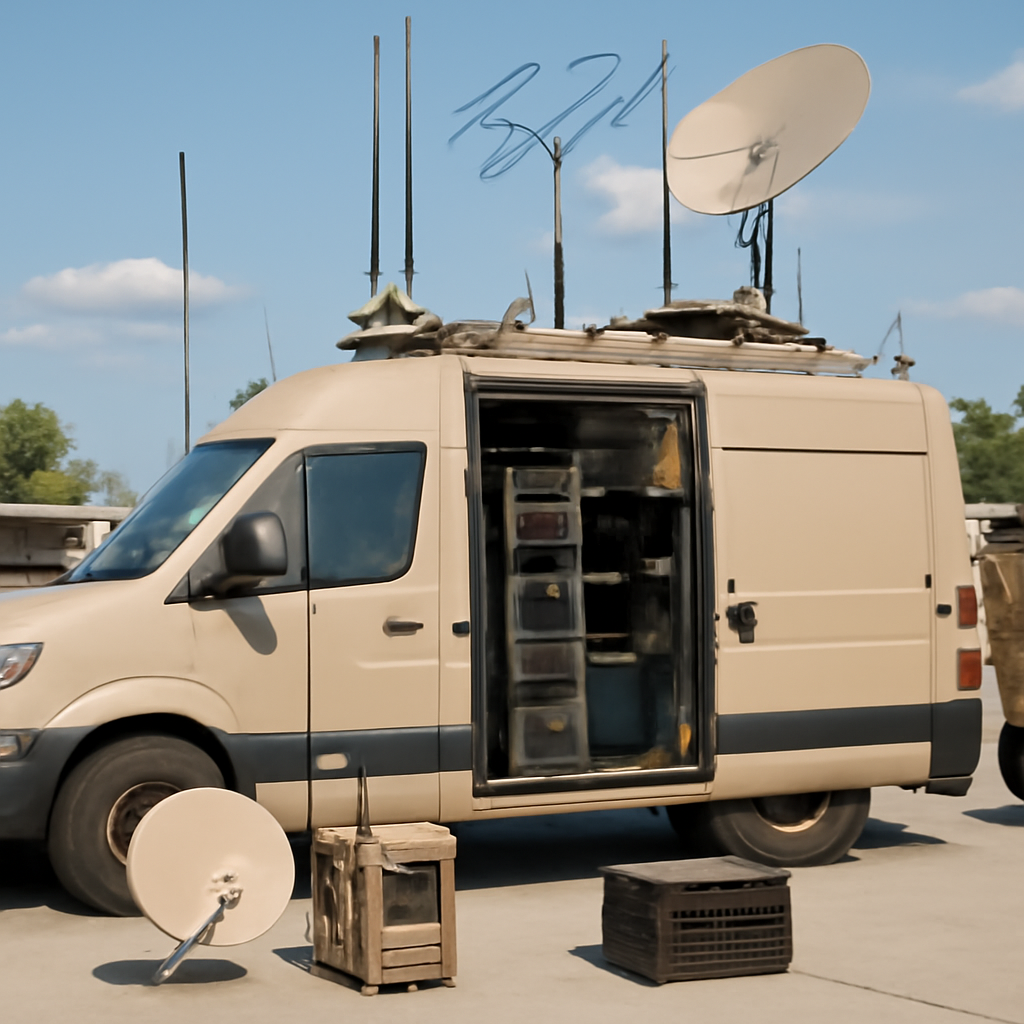 Military communications van with personnel and tactical equipment in a open area.