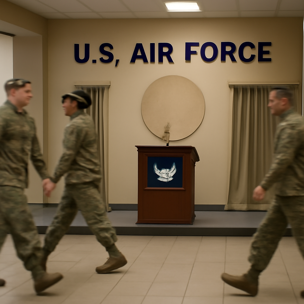 US military personnel walk in front of a formal briefing room with a blank circular emblem on the wall.