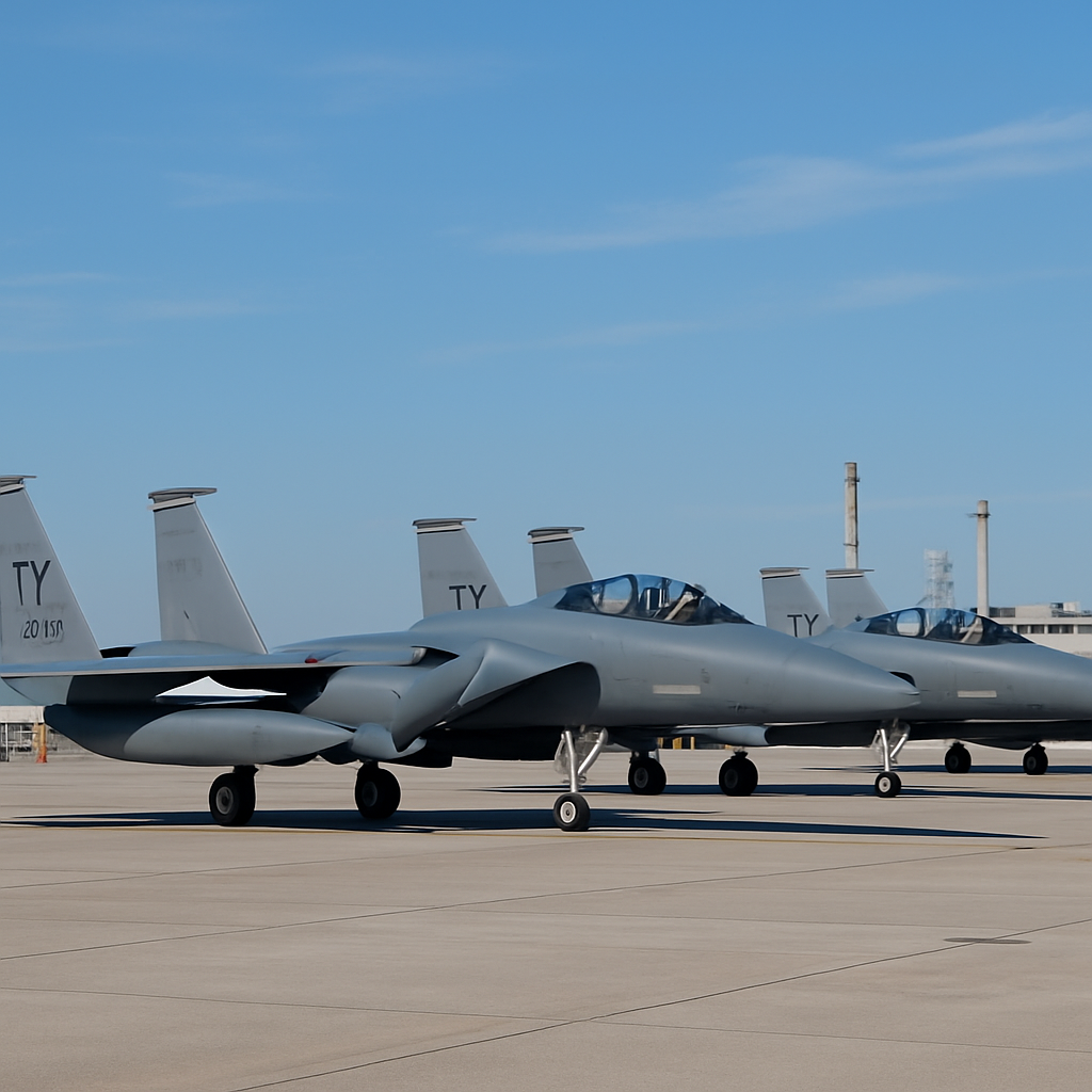 F-15EX fighter jets parked in a row on a sunny flight line with personnel and industrial areas in the background.