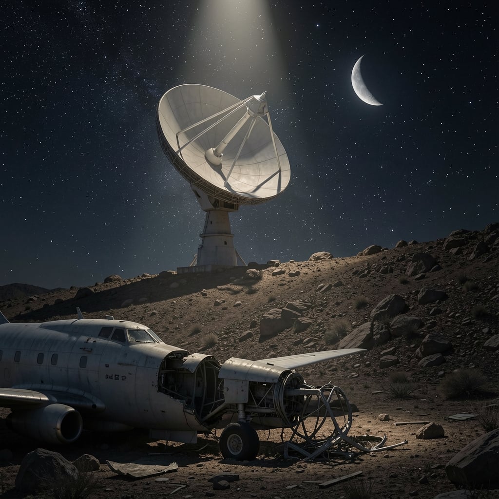 Radar dish antenna stands on rocky hillside, with damaged aircraft in foreground and starry night sky behind.