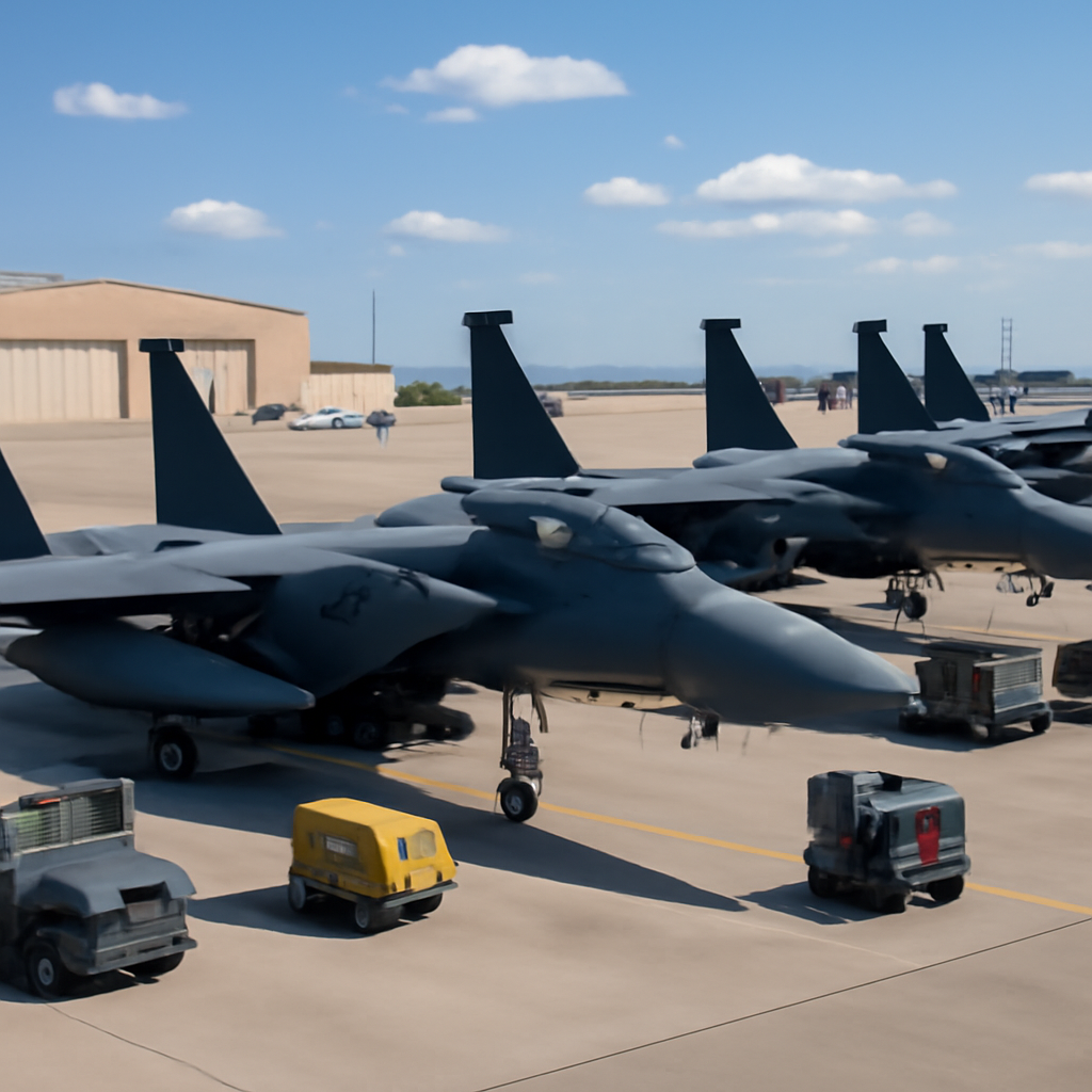 US Air Force base with F-15E fighter jets parked on tarmac and personnel in background.