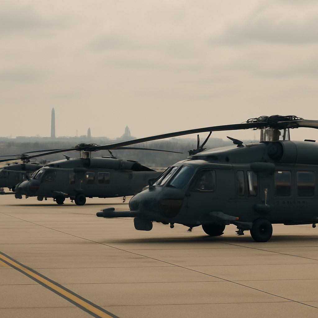 Row of HH-60W helicopters on tarmac at Joint Base Andrews with Washington D.C. skyline in background.