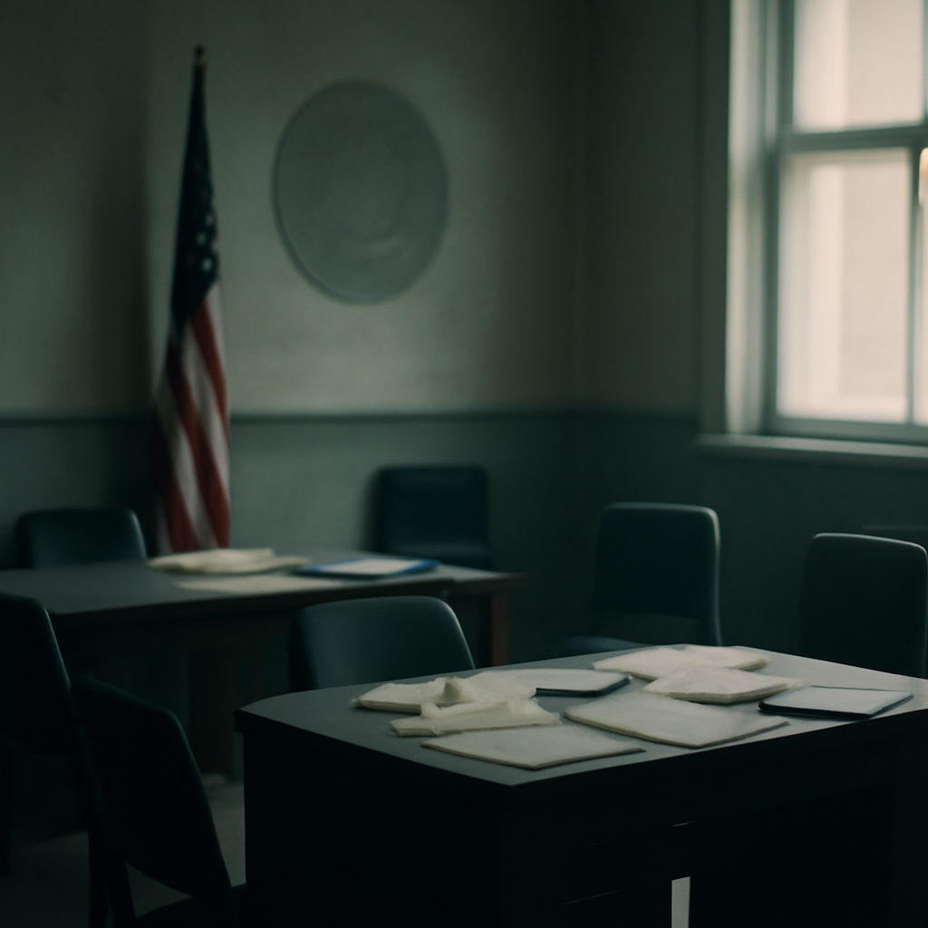Empty chairs and scattered papers on a desk in a government office with a blurred emblem on the wall and natural light from…