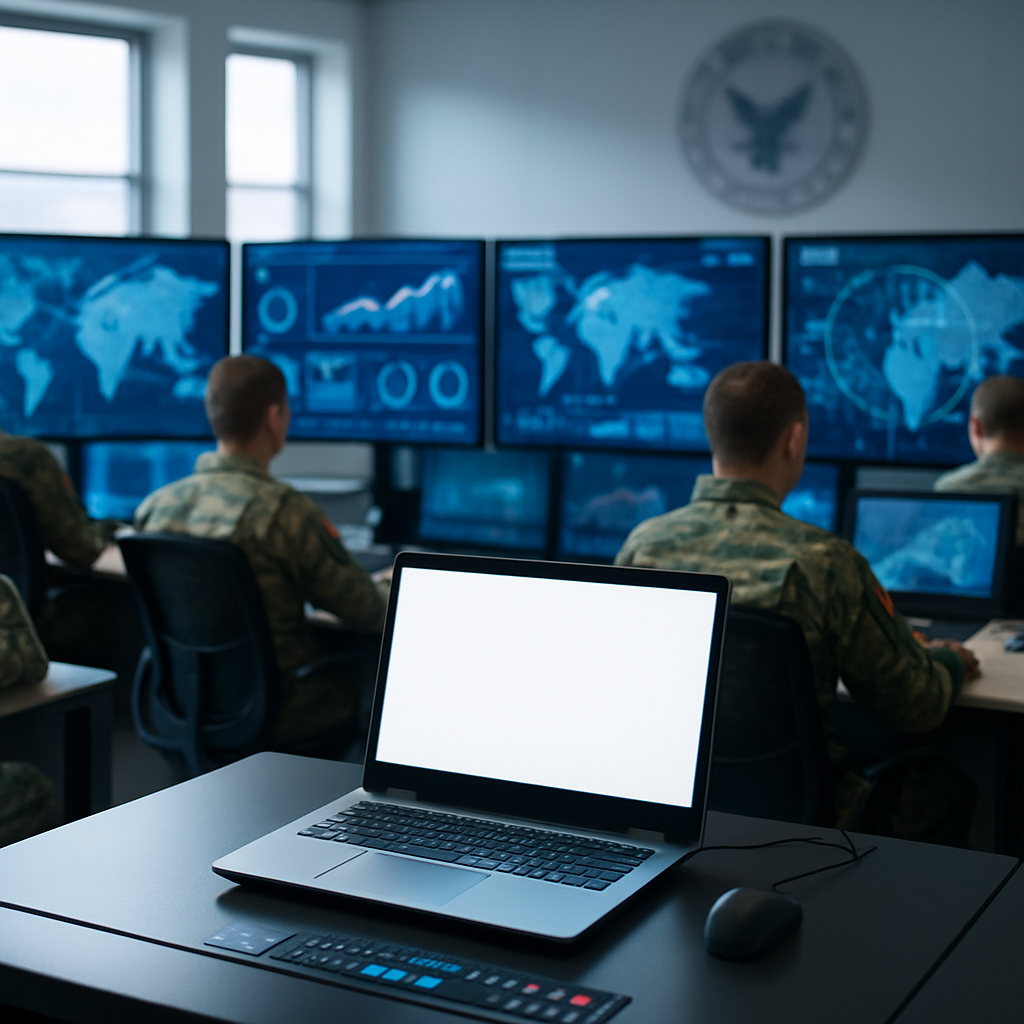 Modern Air Force operations room with personnel at consoles, large screens displaying data visualizations and maps.