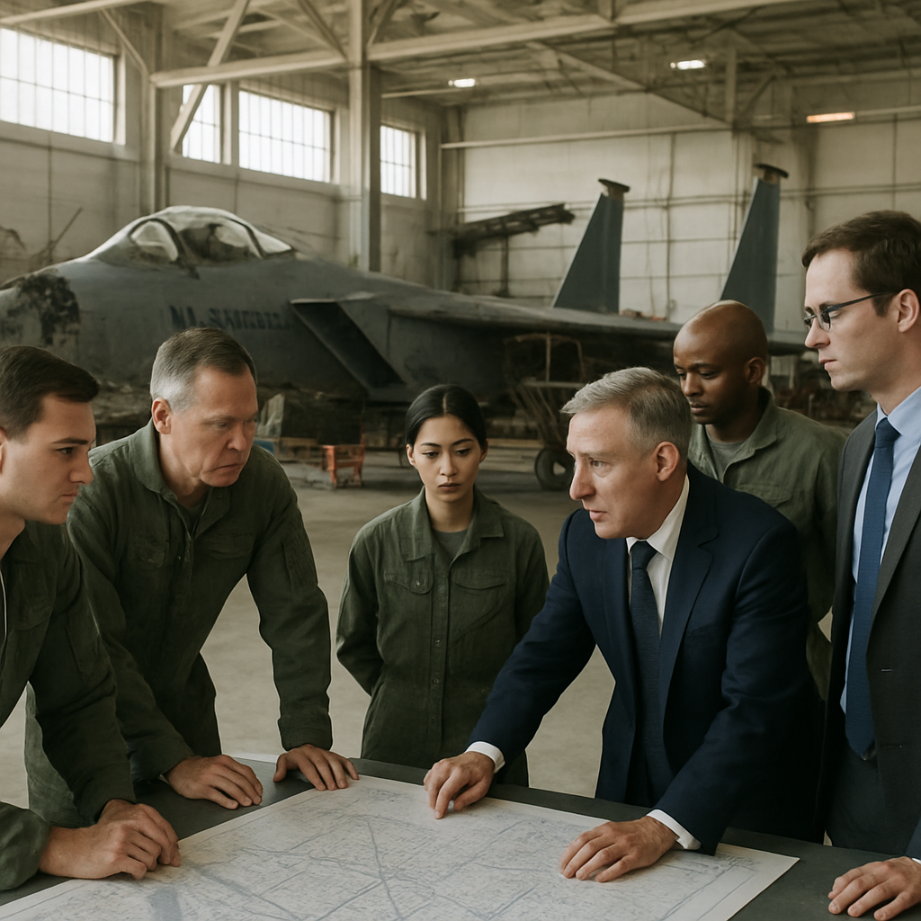 US Air Force personnel and civilians inspect damaged aircraft in a hangar.