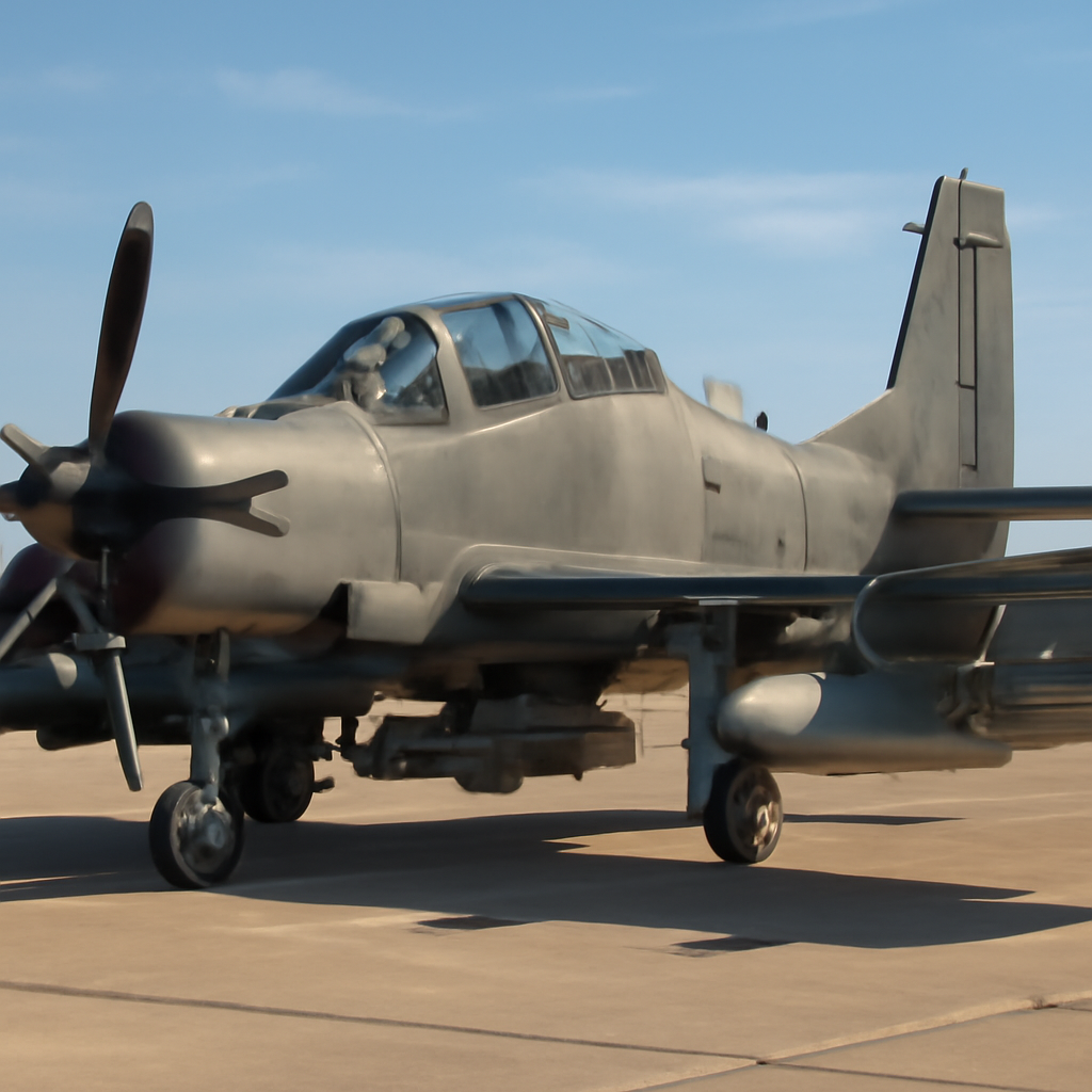 Militarized OA-1K Skyraider II aircraft on a sunlit airfield with personnel and vehicles nearby.