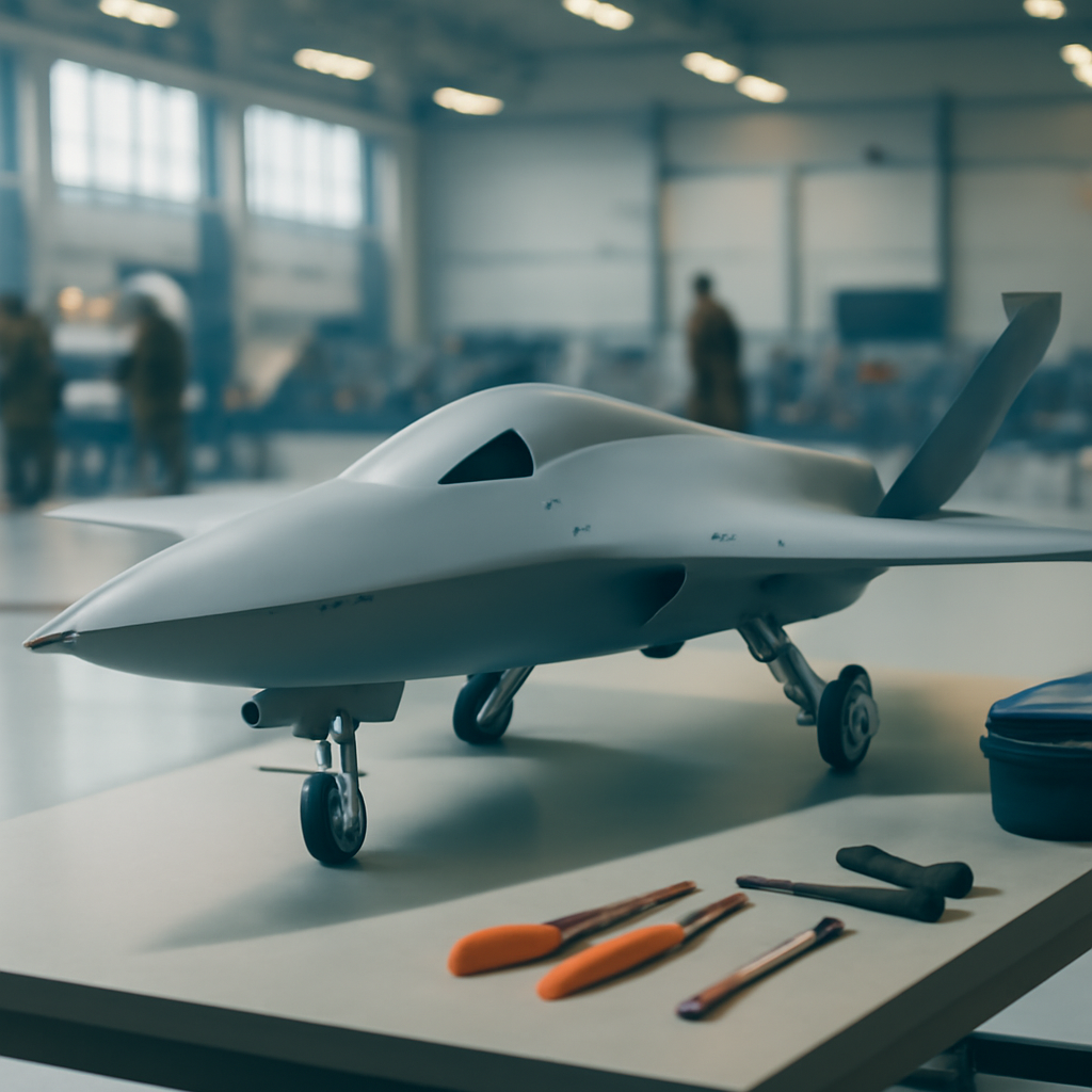Military drone prototype displayed on workbench in research facility.