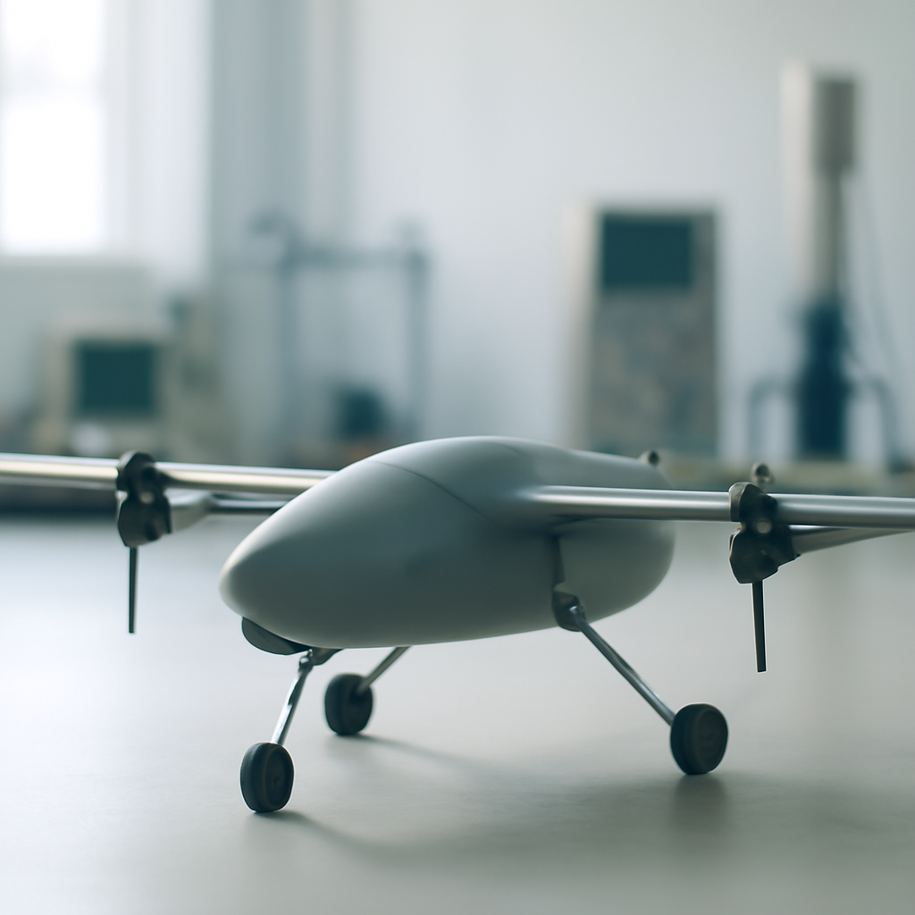 Drone on a clean surface in a research facility with technical equipment nearby.