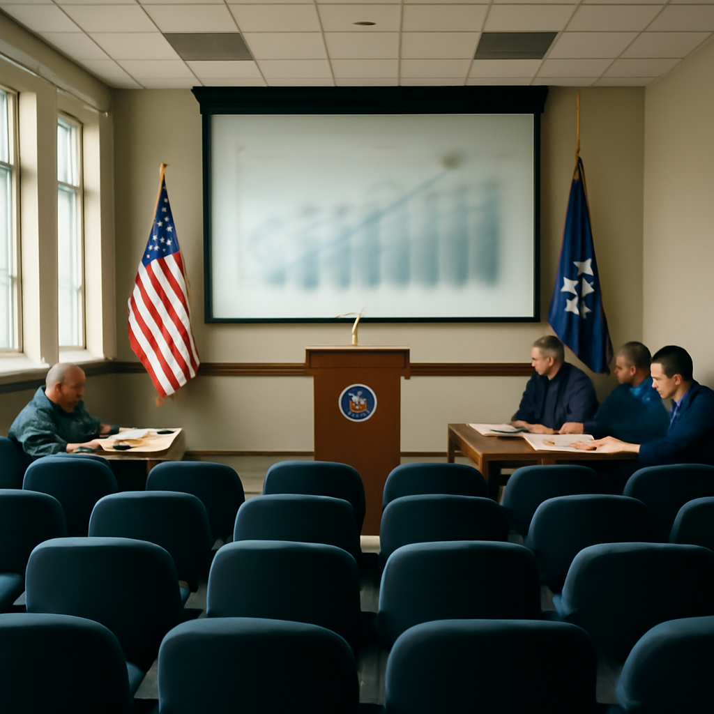 Air Force briefing room with podium, seating, and officials reviewing documents under daylight.