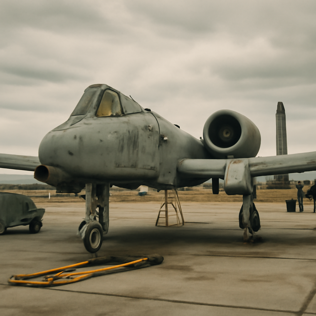 A lone, worn A-10 aircraft sits on a deserted airfield surrounded by maintenance personnel and equipment under a cloudy sky.
