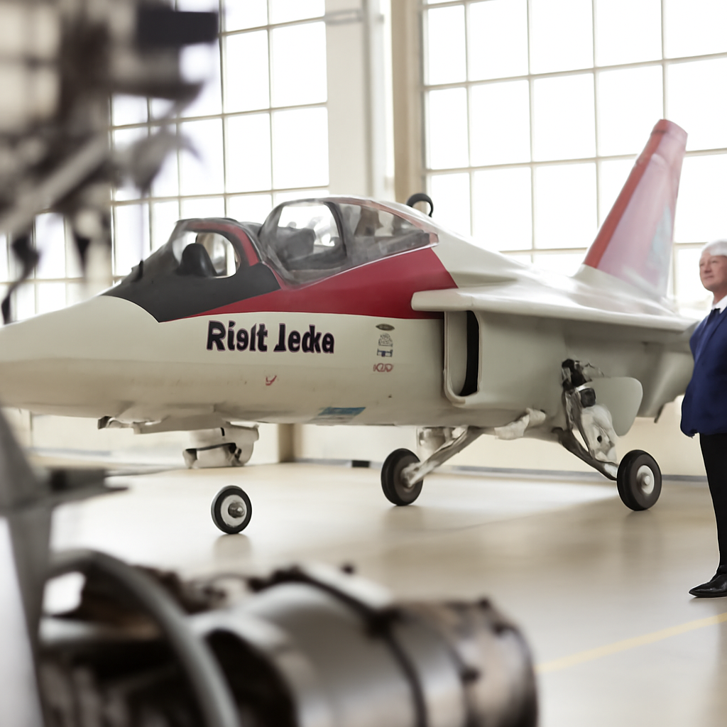 T-7 Red Hawk aircraft on a runway with government officials in background.