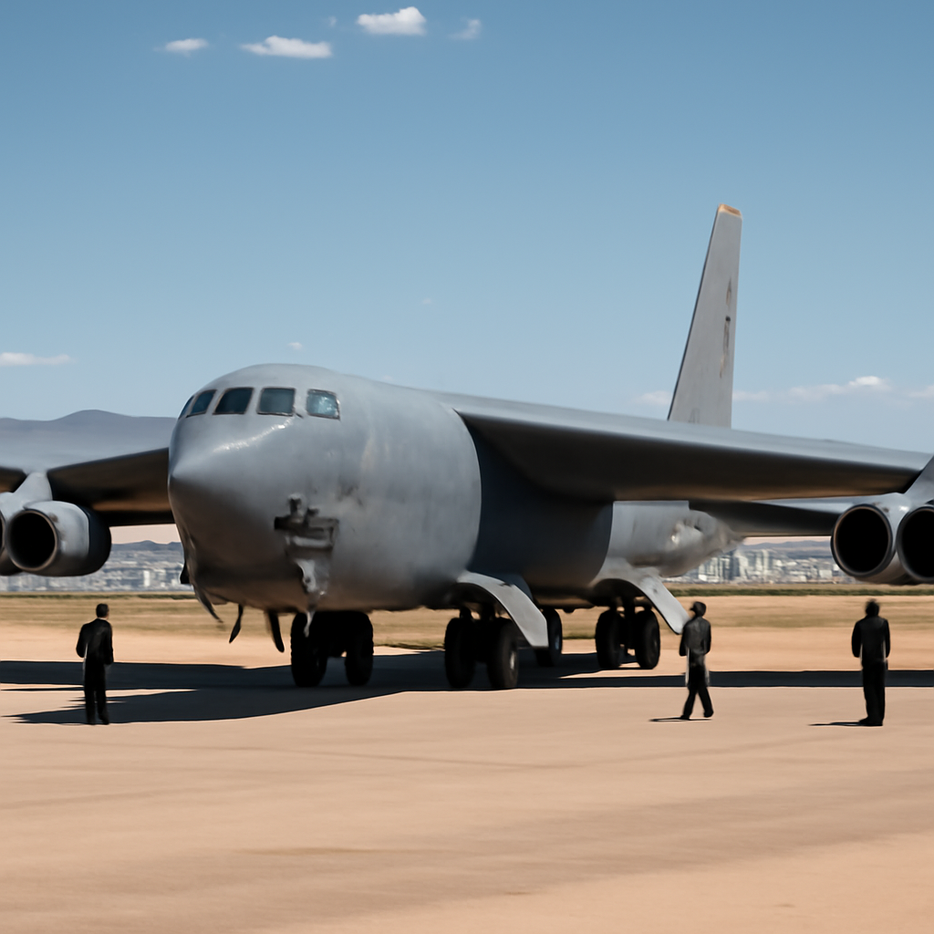 B-52 bomber on tarmac with aircraft graveyard in background.