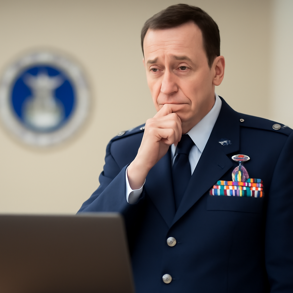 US Air Force officer stands in briefing room with laptop and emblem in background.