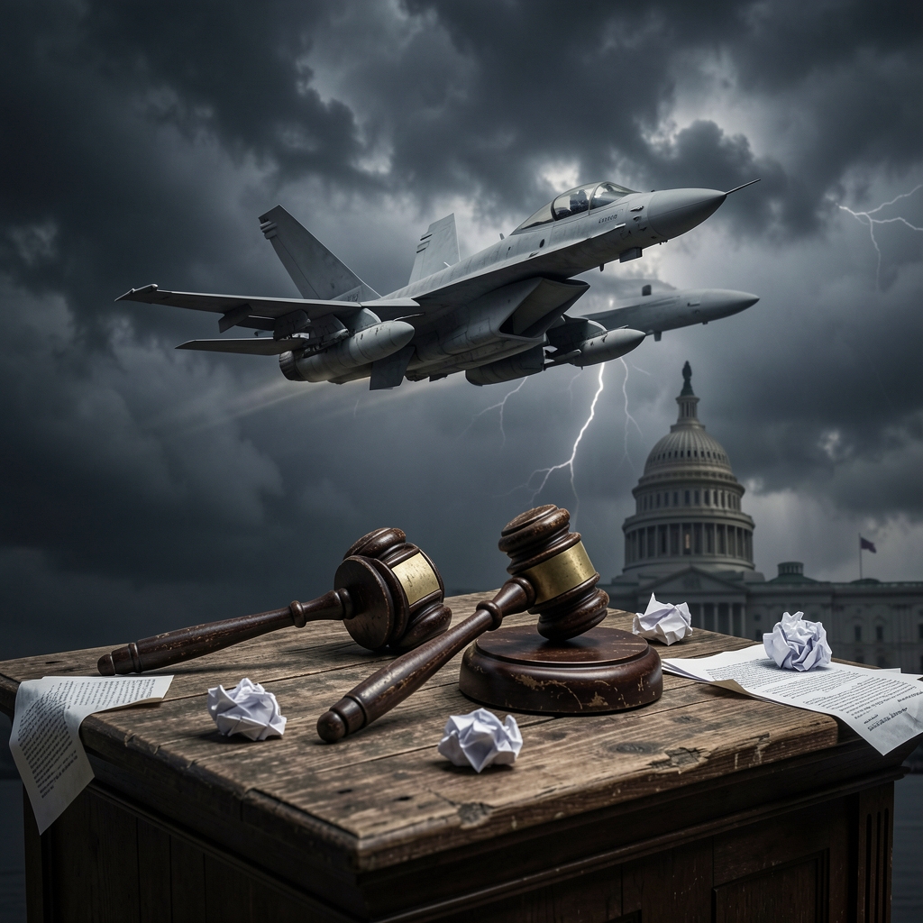 Fighter jet soars through stormy sky with Capitol Building in background, gavels abandoned in foreground.