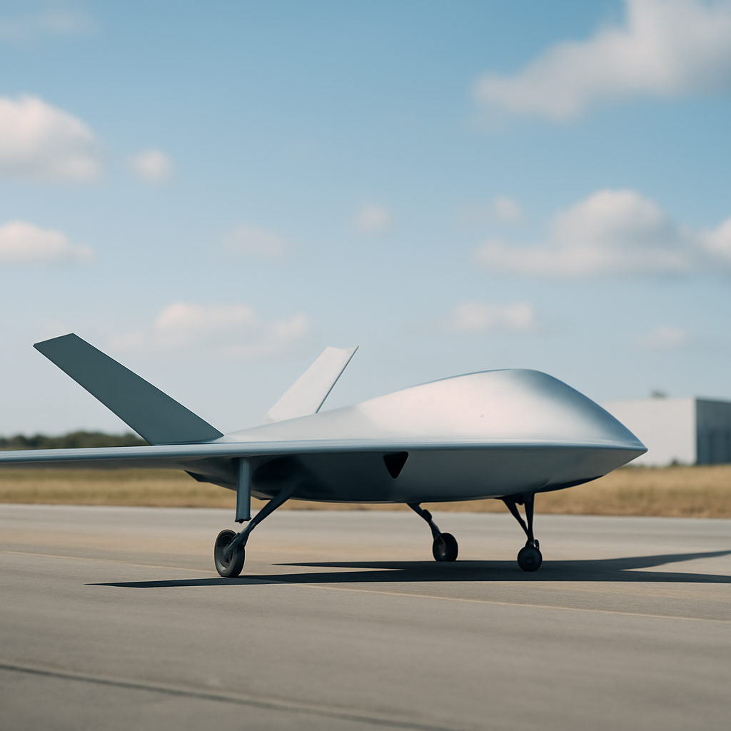 Sleek, futuristic drone with angular wings sits on a northern European runway apron.